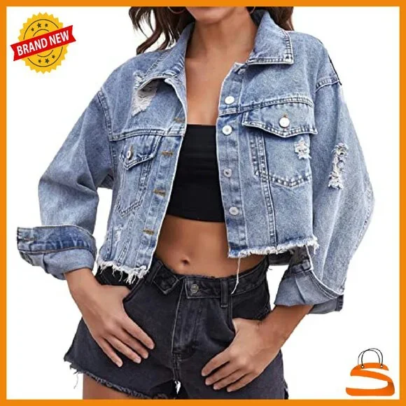 Cropped Denim Jacket Distressed Ripped Frayed Long Sleeve Button Up